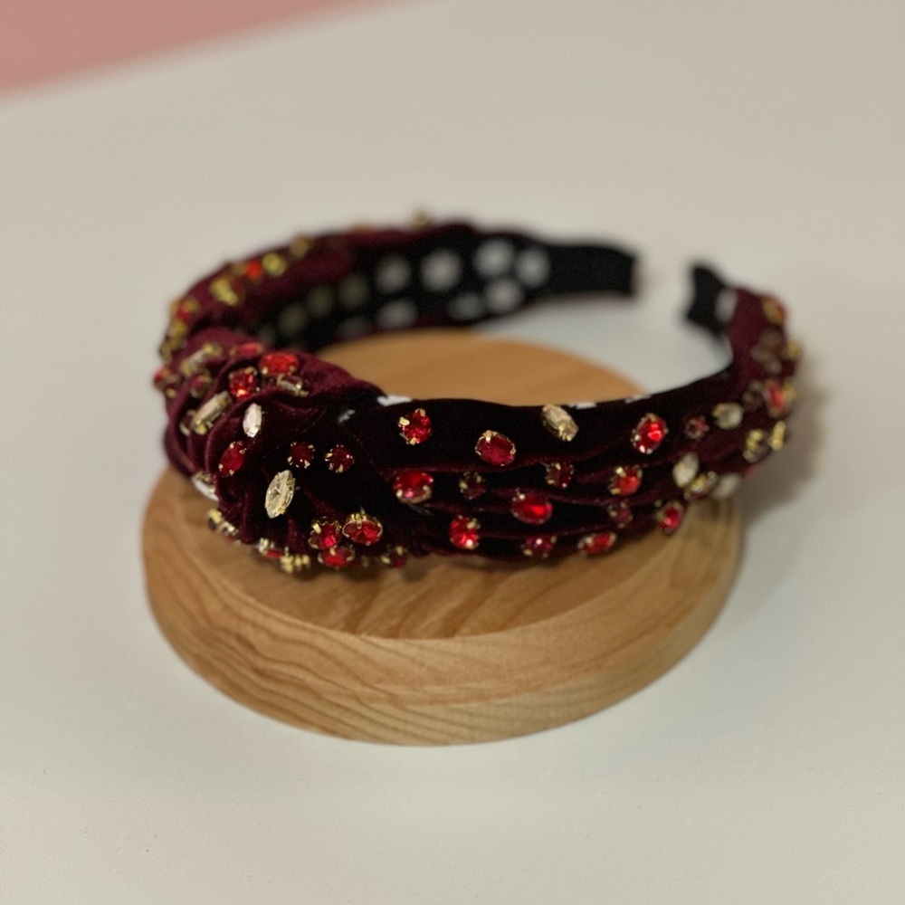 Red Rhinestone Burgundy Velvet Knot Headband - Picture 10 of 10